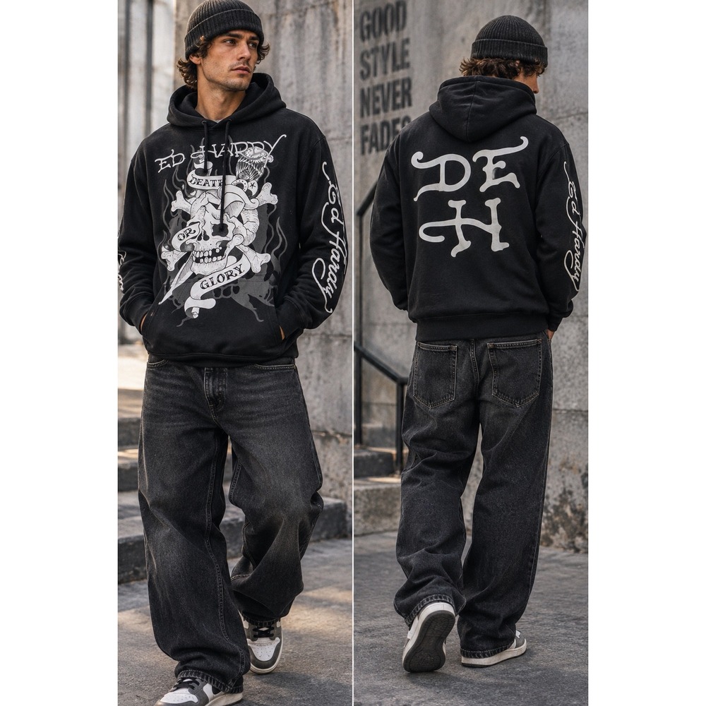 Ed Hardy Hoodie Mens XL Black Death or Glory Skull Dagger Graphic Y2K Pullover